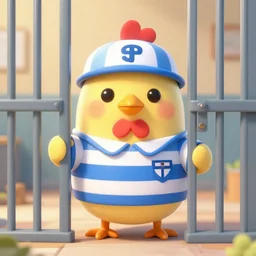 cute chicken dressed as a prisioner in jail