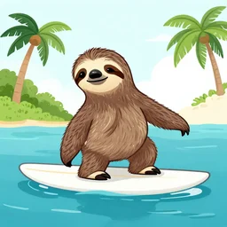 hipster drawing of a sloth riding a surfboard, tropical water in hawaii