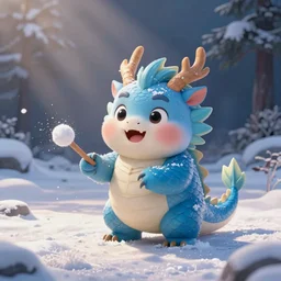 HD, cartoon ,anthropomorphic, chubby female dragon , blue scales. playing in the snow