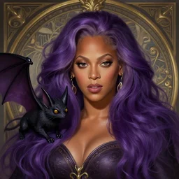 a mind - blowing portrait of beyonce as a wizard, purple hair, bat familiar, deep focus, d & d, fantasy, intricate, elegant, highly detailed, digital painting, artstation, concept art, matte, sharp, illustration, hearthstone, art by artgerm and greg rutkowski and alphonse mucha