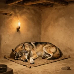 medieum shot of a warg dire wolf sleeping on a mat in a corner of a adobe house, flat lime walls, torchlit, concept art by marc simonetti and christophe vacher, trending on artstation