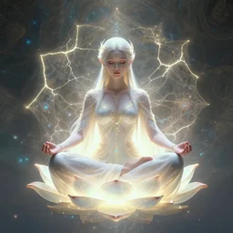 glowing cracks, elven princess, meditating, peaceful, levitating, powerful, blossoming, lotus pose, zen, glowing, fractal background, ascending, detailed, realistic, digital art, fantasy, trending on artstation, cinematic, movie clip, visionary art, intricate pattern, subtle pattern, detailed texture