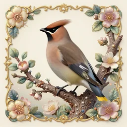 illustration of ethereal bohemian waxwing bird, bombycilla garrulus, intricate details, ornate, detailed, octane 3 d render, johanna rupprecht, william morris, trending on artstation, a bird sitting on top of a tree filled with flowers, by marco mazzoni, trending on cgsociety, rococo, whimsical