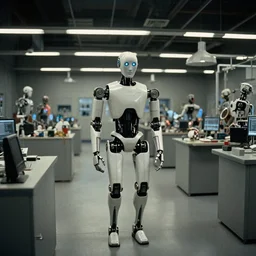 the human robot production room, film still from the series west world, directed by quentin tarantino, wide lens,