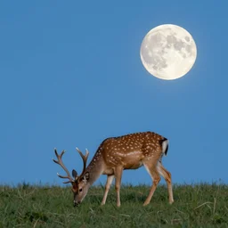 a landscape, moon is full in the sky, a deer eating grass, digital art