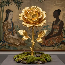 ancient golden rose, by kiki smith, by maria sibylla merian, by wangechi mutu, chinese painting, concept art, third - person, 3 - dimensional, 1 6 k, rim lights, moss, bamboo, insanely detailed and intricate, hypermaximalist, elegant, ornate, hyper realistic, super detailed