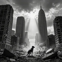 god rays illuminating a dog in a destroyed modern city, nuclear explosion, 8 0 0 mm, cinematic, award winning, cloudy sky, sharp focus, black and white, skyscraper, nuclear fallout