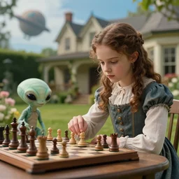 still from a sci fi blockbuster movie made in 2022, set in 1860,  a girl playing chess with a small cute humanoid alien creature, wearing 1850s era clothes, in a garden of a house, on an alien planet, good lighting, 8k, in focus faces, good quality photography