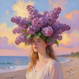 portrait, giant lilac flower as head, girl on beach, surreal photography, golden hour, colorful clouds, impressionist painting, digital painting, artstation, simon stalenhag