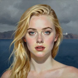professional painting of Elle Fanning in Santorini in the style of Dino Valls, head and shoulders portrait, symmetrical facial features, smooth, sharp focus, illustration, intricate, stormy weather, extremely detailed masterpiece,