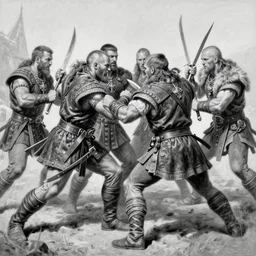 detailled black and white oil painting of a viking fighting by greg tocchini, by roberto ferri, by thomas blackshear, by jeremi lipking, by etam cru, by craig mullins, dark particles, brush strokes, white background, realistic faces, elegant, cinematic light, sharp focus, illustration, harmony, dynamic composition, masterpiece, pen,