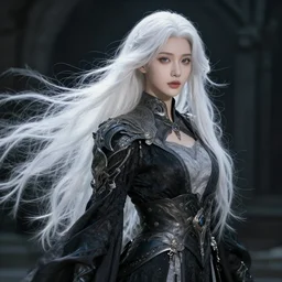 a beautiful woman with long flowing platinum white hair, detailed clothing, dark aesthetic, fantasy setting