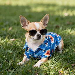 chihuahua wearing sunglasses and blue hawaiian shirt laying on the grass. light comes in through dappled leaves