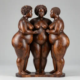 ebony wood sculpture of three beautiful fat androgynous black people loving each other