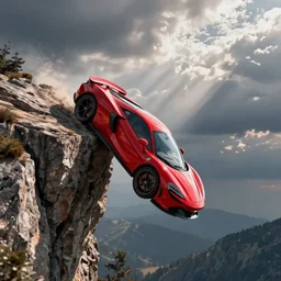 sports car in red falling from a cliff