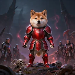 anthropomorphic shiba inu, knight red armor, standing on hill of dead enemies, stuning fantasy 3 d render, masterpiece, glowing dark aura, by donato giancola and greg rutkowski and wayne barlow and zdzisław beksinski, realistic face