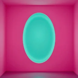 a beautiful oval shape centered in a wall emitting teal colored light in a vibrant pink lit room by james turrell. hyperrealism. hdr. 4 k.