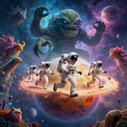 Astronauts have a treasure with them, they are running away from the giant Cthulhu that is behind hunting him, they are running over the ring of the gas planet, this is an extravagant planet with wacky wildlife and some mythical animals, the background is full of nebulas and planets, the ambient is vivid and colorful with a terrifying atmosphere, by Jordan Grimmer digital art, trending on Artstation,