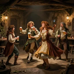 hobbits celebrating in a tavern while dancing and drinking ale, 4 k, concept art, by wlop, ilya kuvshinov, artgerm, krenz cushart, greg rutkowski, pixiv. cinematic dramatic atmosphere, sharp focus, volumetric lighting, cinematic lighting, studio quality