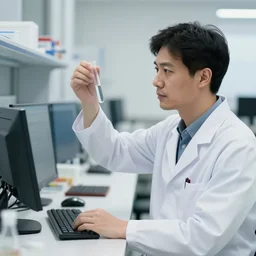 professional stock photo of a scientist in a computer lab, holding a test tube and looking at it