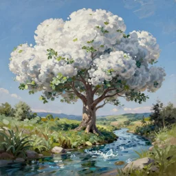A beautiful, highly detailed, very realistic oil painting of a single cloud tree with lots of cloud shaped leaves, next to a small crystal clear river, oil painting by Greg Rutkowski.