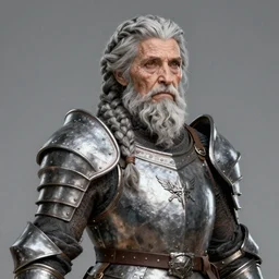 elderly female dwarven fighter with grey braided hairstyle and beard and wrinkled skin wearing platemail armor by rossdraws