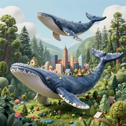 the city is built on the back of a huge whale. a whale flies in the air above the tops of trees, a forest landscape. little fairy houses grow on the back of a whale. high detail. deharme lise. zatzka hans. trending on artstation, 4 k, didgytal render