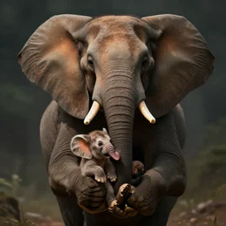 A Elephant explorer holding a human cub in his hands artwork by Craig Mullins, artstation trending, cinematic lighting
