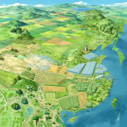 a beautiful illustration of a prosperous continent with various kinds of landscape distributed all over it, including farmland, orchard, rangeland, greenhouse, cornfield, windmill, forest, lake and river by shinkai makoto.