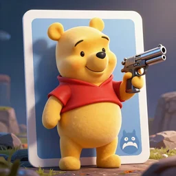 Winnie the Pooh as cyberpunk killer with gun painted on Taro card, digital art, sharp, bright colors