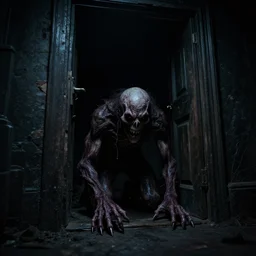 an sinister photo of creepy abomination crawling out of dark basement door, omnious atmosphere