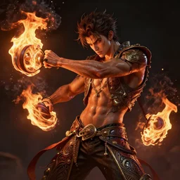 fire twirler boy, passionate , seductive, sweaty, intricate fashion clothing, insane, intricate, highly detailed, digital painting, artstation, concept art, smooth, sharp focus, illustration, Unreal Engine 5, 8K, art by artgerm and greg rutkowski and alphonse mucha