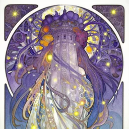 purple illusion tower , carving on porcelain , overdetailed art, by greg rutkowski, by Alfons Mucha, complementing colors, magic, colorful lights, fireflies, detailed illustration