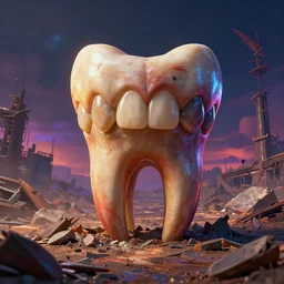 photorealistic gigantic tooth in the middle of a postapocalyptic wasteland in the style of michael whelan and gustave dore. hyperdetailed photorealism, 1 0 8 megapixels, amazing depth, high resolution, 3 d shading, 3 d finalrender, 3 d cinematic lighting, glowing rich colors, psychedelic overtones, artstation concept art.