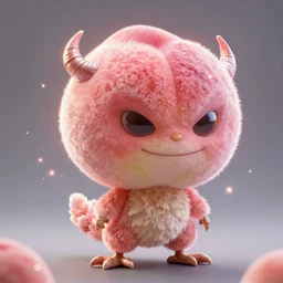 an alien with a face that looks like a fuzzy peach the peach is fuzzy pink warm and ripe the alien has horns and a mean smile he has little chicken feet, 4k, highly detailed, high quality, amazing, high particle effects, glowing, majestic, soft lighting