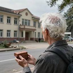 a white - haired man, his back to the street, gazing at the elementary school, ( half demolished ). a brick in his hands.