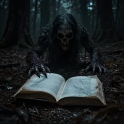 book on the ground of the woods, horror, scary, dramatic lighting, shadows, monster