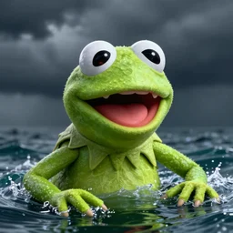 of a dark and stormy ocean with large strange Kermit the Frog with big eyes, big mouth and big teeth appearing from the water, in the style of Gaudi, macro lens, shallow depth of field, highly detailed, digital painting, trending artstation, concept art, illustration, cinematic lighting, vibrant colors, photorealism, epic, octane render