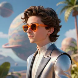 Timothee Chalamet wearing futuristic clothes on a tropical planet, portait photo, profile picture, hyperrealistic, concept art, orange sunglasses, day time, octane render, unreal engine 5, digital art, high quality, highly detailed, 8K, cute, defined face, elegant clothes, trending on DeviantArt