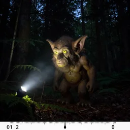 trail camera photograph of a troll at night in the forest. obscurity. darkness!!!. flash light. glowing yellow eyes. motion blur. dim light.