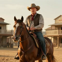 walter white as a cowboy riding a horse in a western town, golden hour, cinematic, digital art