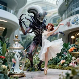 cinestill 5 0 d, 8 k, j. j abrams flare ; beautiful ultra realistic cthulhu in kagemusha ( 1 9 9 1 ) film still garden dance scene in frontiers in porcelain photography fashion magazine june seinen manga portrait edition, hyperrealistic real - life xenomorph holly herndon porcelain fairy figurine in victorian glass jar, pointe pose, eye contact, tilt shift wide shot zaha hadid background