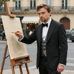 ewan mcgregor is dressed as a gentleman at early 2 0 th century paris. he is standing next to an easel. that easel has a canvas on it.