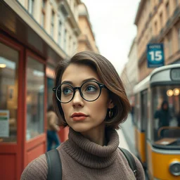 cinematic mid shot of a high detail, woman's face looking off camera, with round glasses. where's wally, fine facial features. she stands in a pastel colourful 3 d, bus stop street scene by van gogh, inspired by the grand budapest hotel, lots of pastel colour