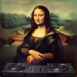 a painting of the mona lisa DJing with DJ turntables