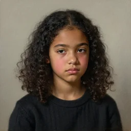 a shy dark skinned brazilian girl blushing with droopy eyes, black curly hair, wearing a dark sweater, painting by rembrandt, detailed, realism