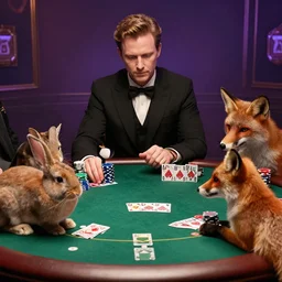a cat, rabbit, and fox playing poker together at a round table in the style of Kyle Ferrin
