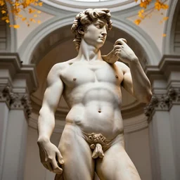 a medium long shot of a hyper detailed ultra sharp portrait of a beautiful fat chubby statue of david with loincloth in the accademia di belle arti, sharp focus, global illumination, radiant light, unreal 5, daz, hyperrealistic, octane render, cosplay, rpg portrait, dynamic lighting, intricate detail, harvest fall vibrancy, cinematic