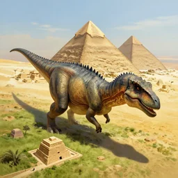 giant dinosaur with spikes guarding the pyramids in an ancient grassy egyptian landscape, from above, high quality digital art, concept art, trending on artstation, award winning, fantasy, realism painting