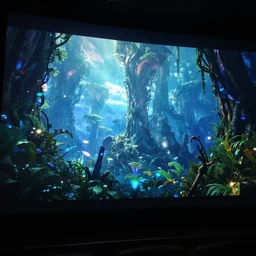 a movie screen shot of a landscape from the james cameron's avatar movie, photorealistic, cinematic, glowing alien plants and vines, atmospheric